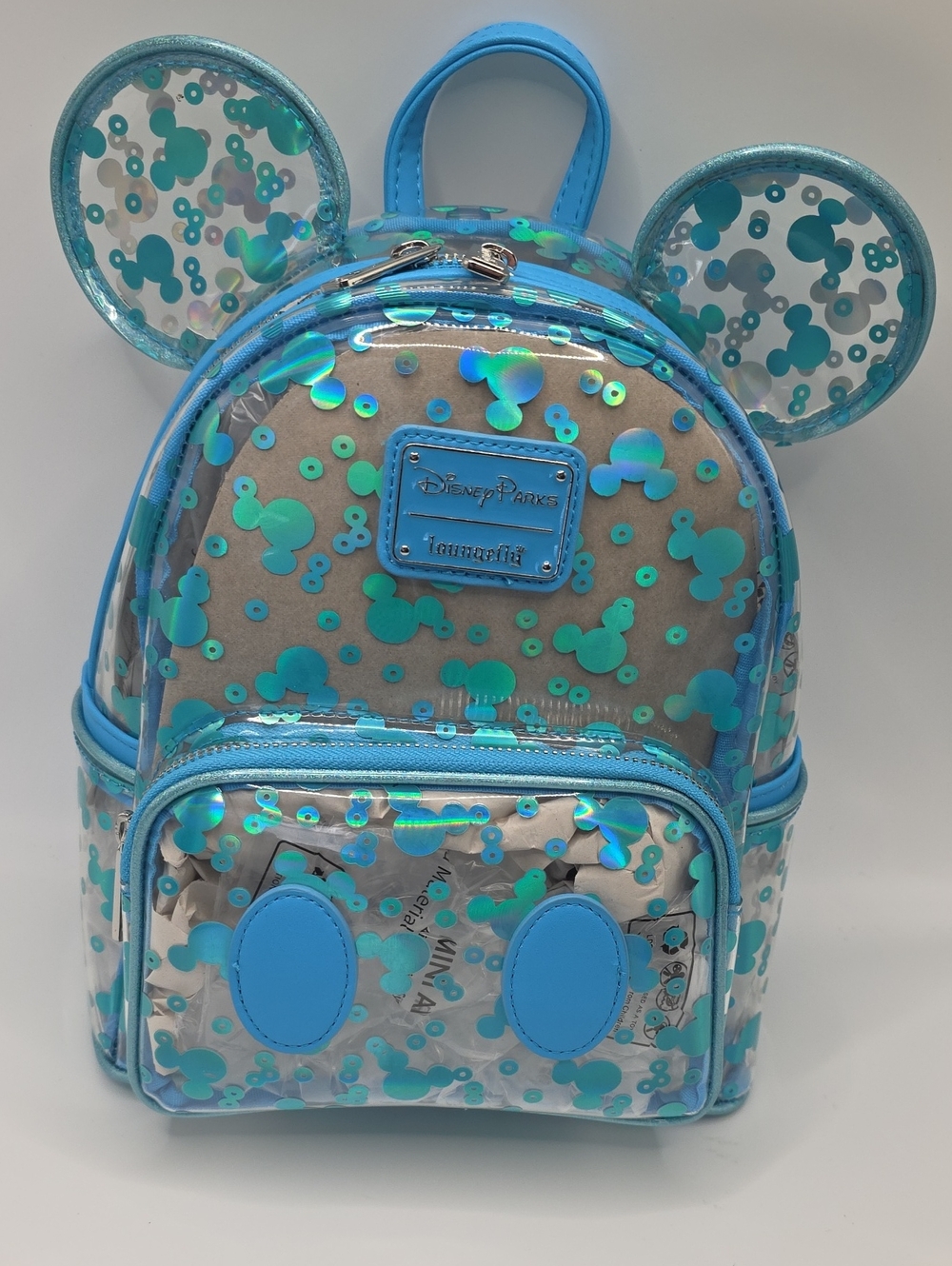 Loungefly Disney Blue Iridescent Mickey Mouse Ear Clear Mini Backpack
